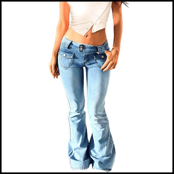Low Rise Flare Jeans Stretchy Y2K Vintage Bell Bottom Denim Pants Baggy